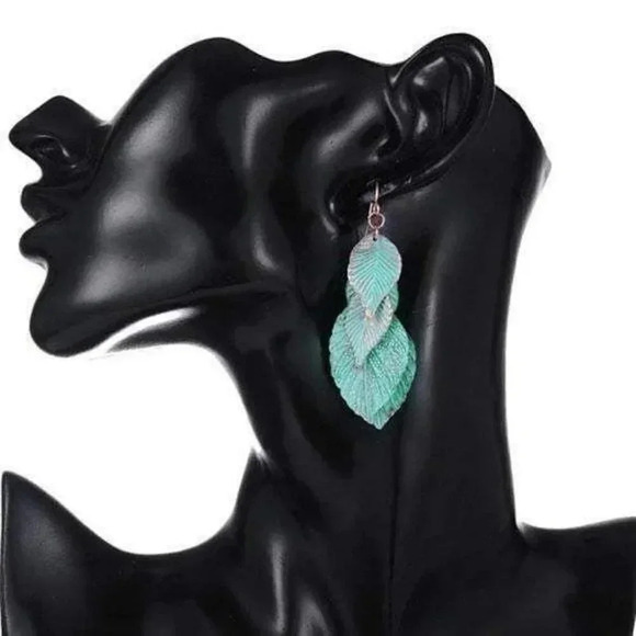 Verdigris Patina Leaves Handmade Dangle Earrings - Picture 2 of 5